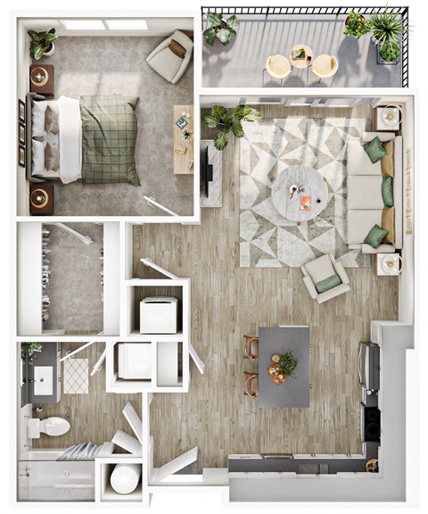 Floor plan for 1 bed, 1 bath, 767 sqft
